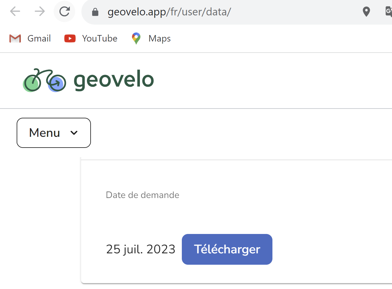Capture d'écran de la page web Géovélo permetant de télécharger ses données